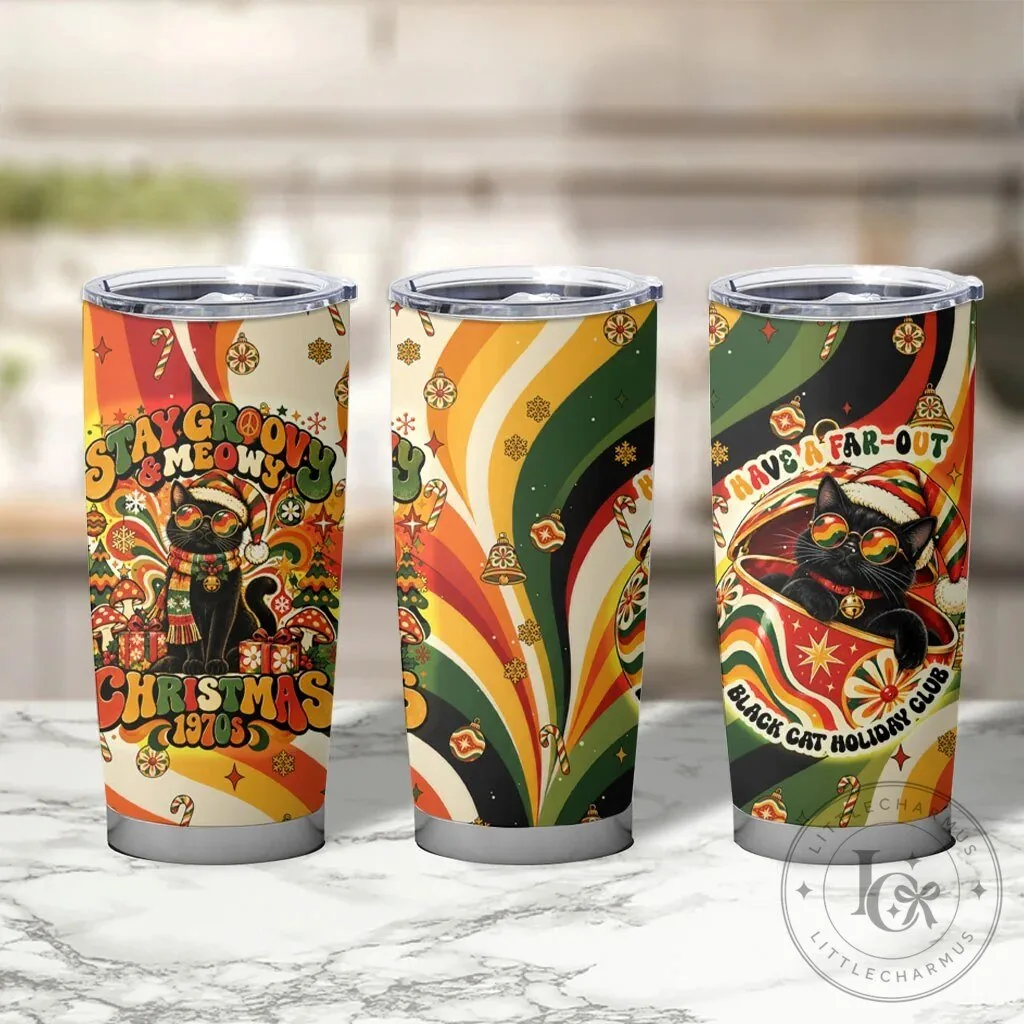 Groovy Black Cat Christmas Holiday 1970s Retro Pattern Tumbler 12 Groovy Black Cat Christmas Holiday 1970s Retro Pattern Tumbler