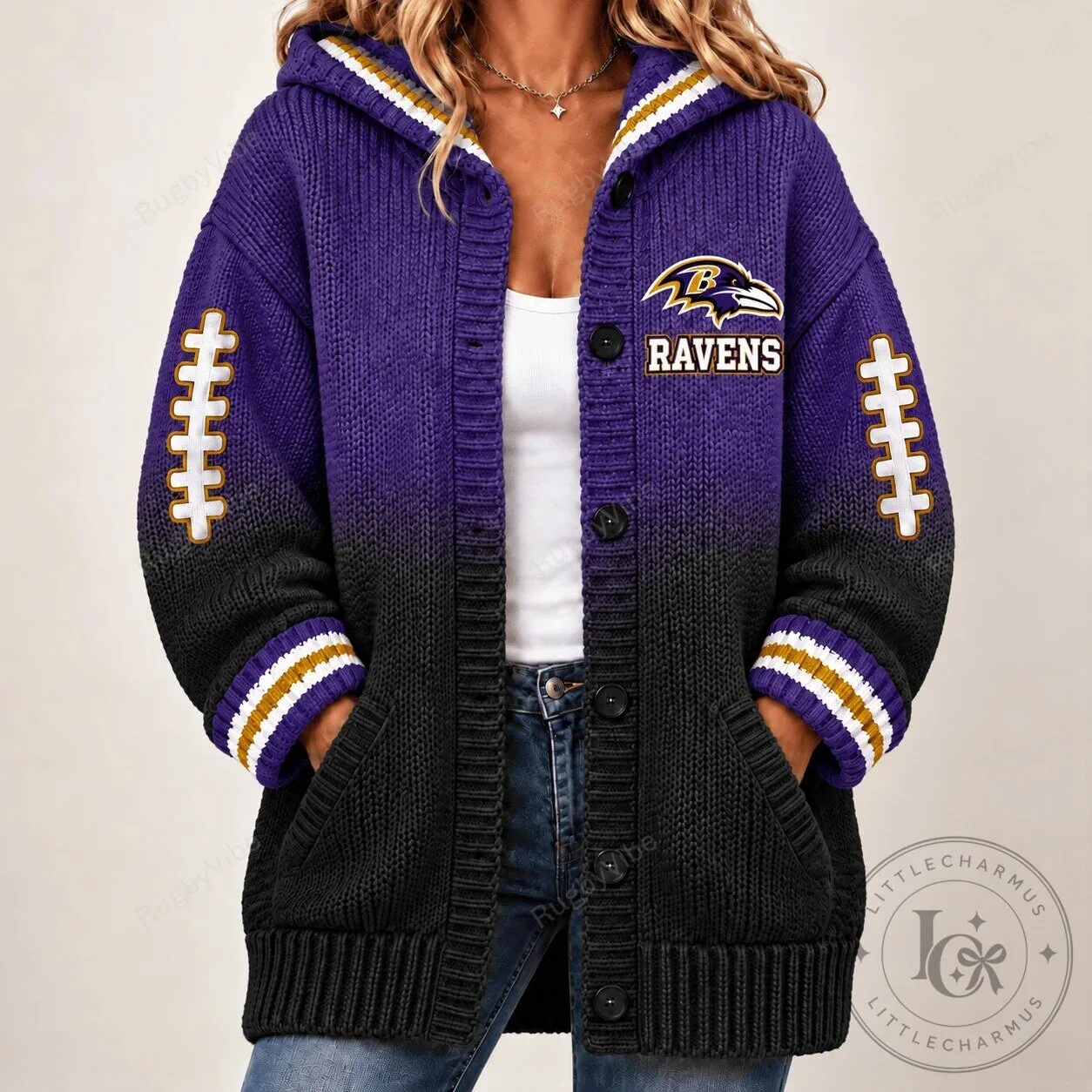 Baltimore Ravens Football Team Logo Gradient Knit Cardigan Hoodie 1 Baltimore Ravens Football Team Logo Gradient Knit Cardigan Hoodie