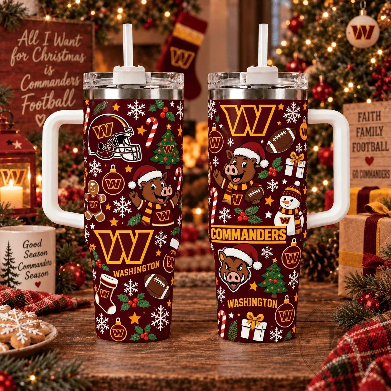 Washington Commanders Christmas Holiday Football Tumbler with Handle