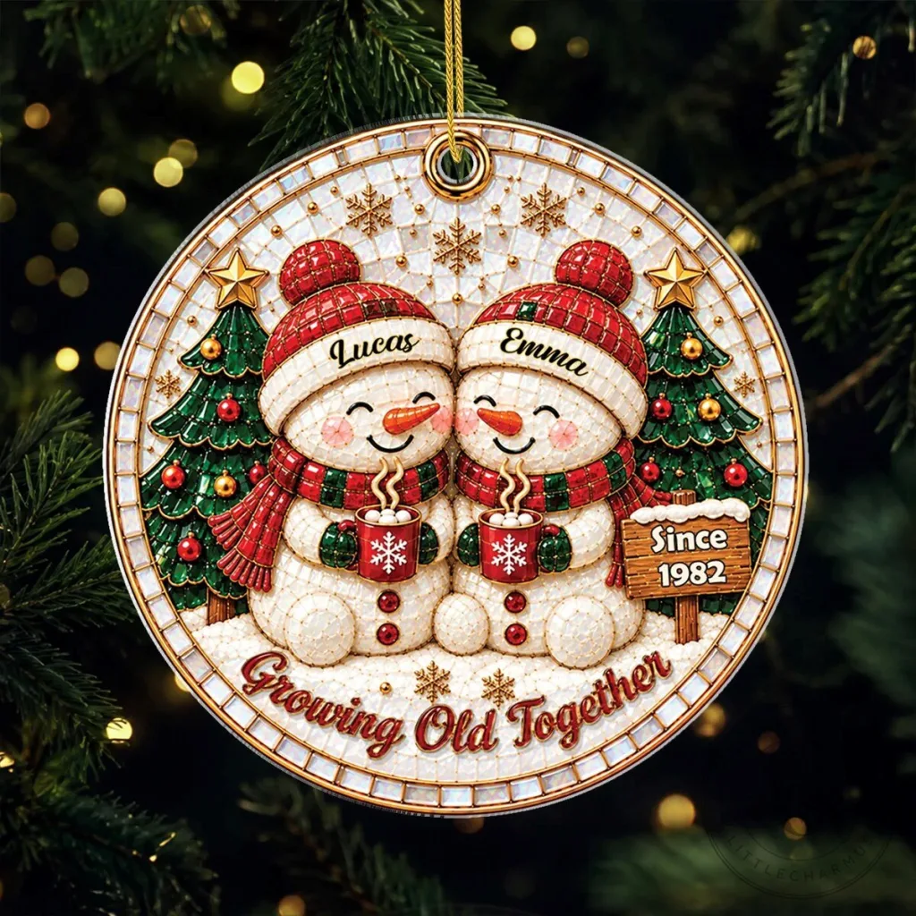 Custom Christmas Tree Ornament of a Snowman Couple Aging Together Custom Christmas Tree Ornament of a Snowman Couple Aging Together