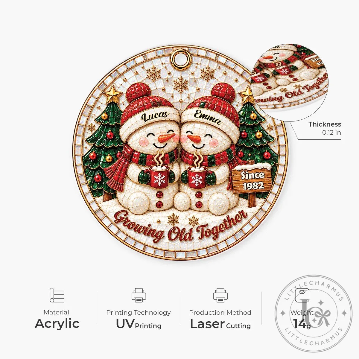 Custom Christmas Tree Ornament of a Snowman Couple Aging Together 12 Custom Christmas Tree Ornament of a Snowman Couple Aging Together