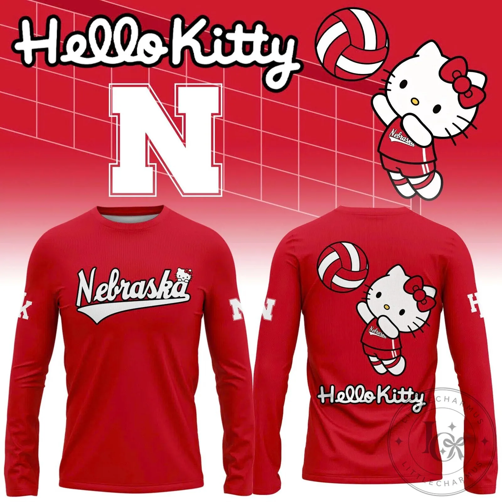 Nebraska Volleyball Hello Kitty Long Sleeve Shirt for Women and Girls