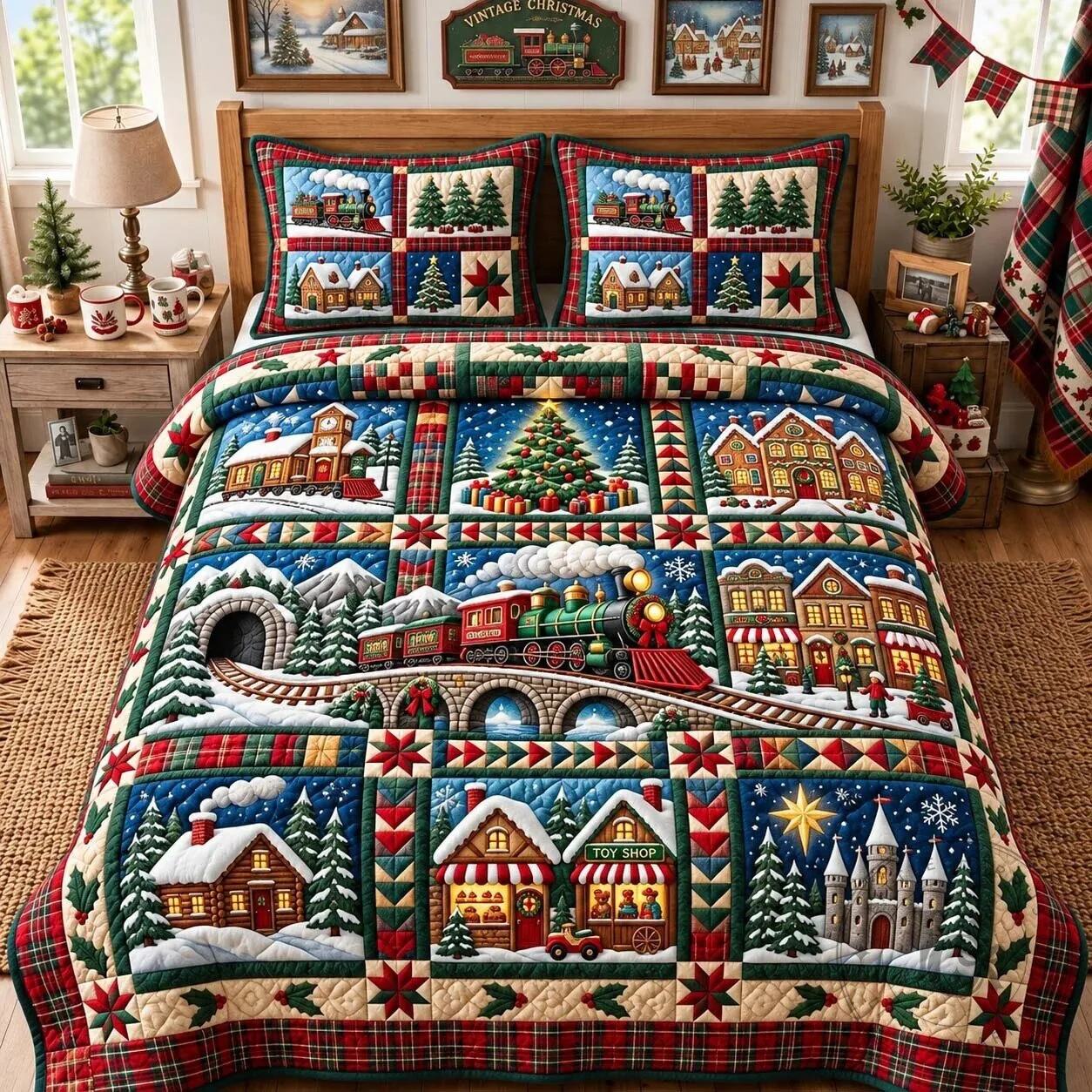 Vintage Christmas Holiday Train Village Quilted Bedding Set