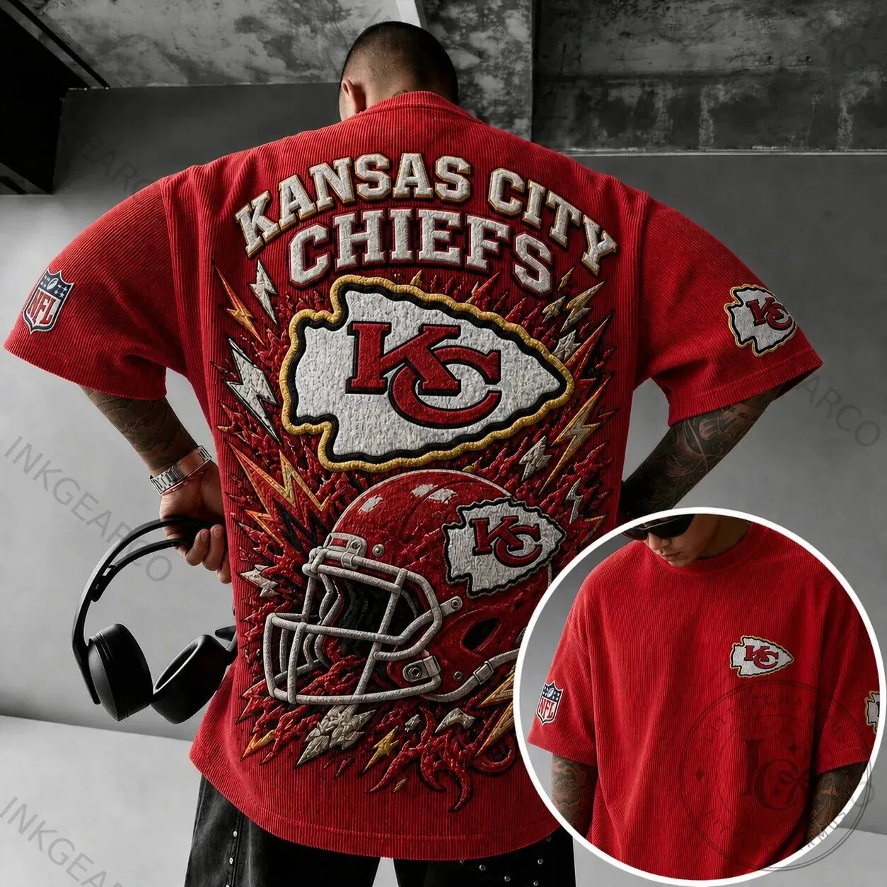 Kansas City Chiefs Football Team Logo Red Corduroy Short Sleeve T-Shirt