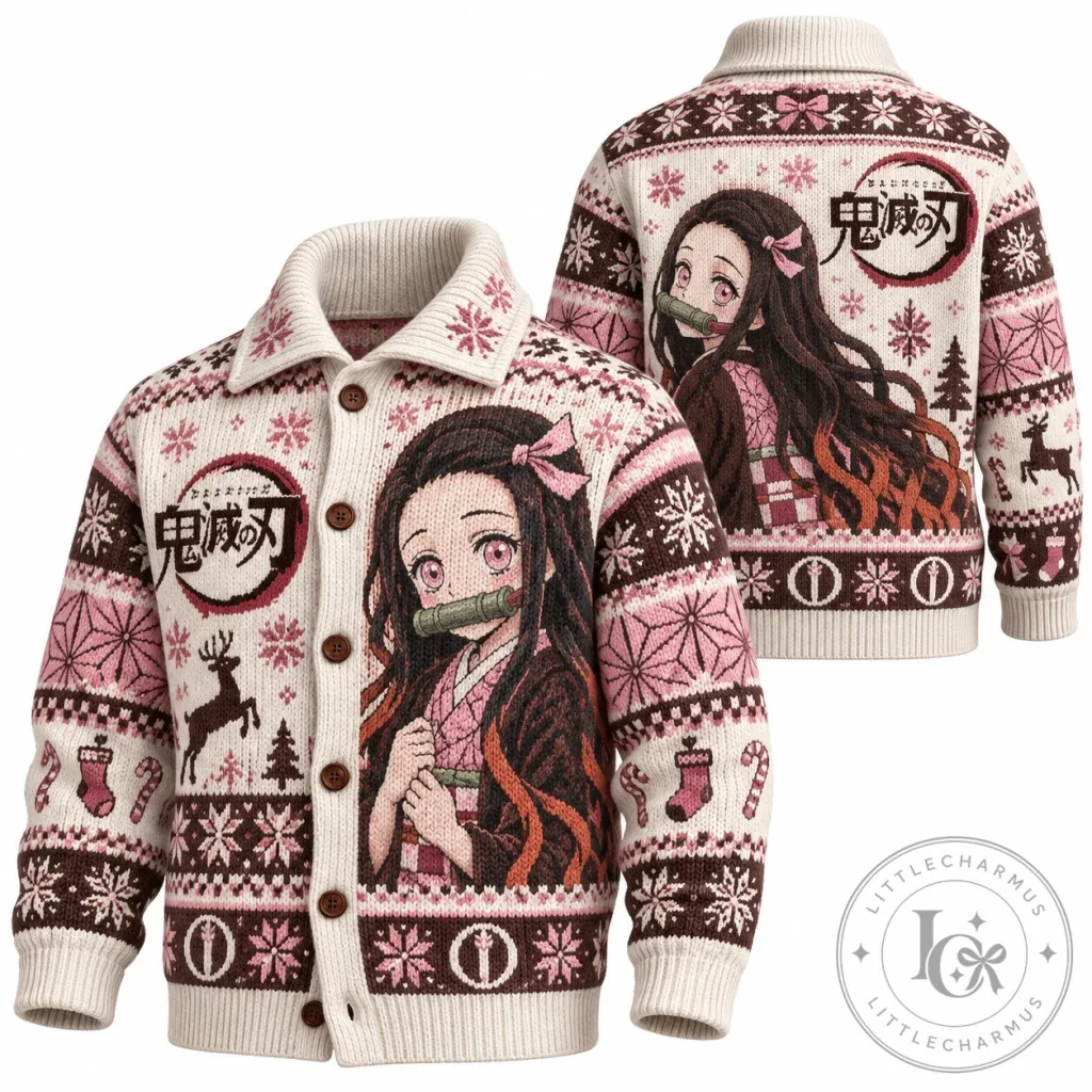 Demon Slayer Nezuko Kamado Christmas Holiday Cardigan Sweater Demon Slayer Nezuko Kamado Christmas Holiday Cardigan Sweater