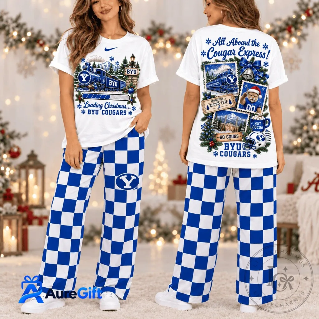 BYU Cougars Christmas Train Pajamas Set, BYU Cougars Holiday Sleepwear BYU Cougars Christmas Train Pajamas Set, BYU Cougars Holiday Sleepwear
