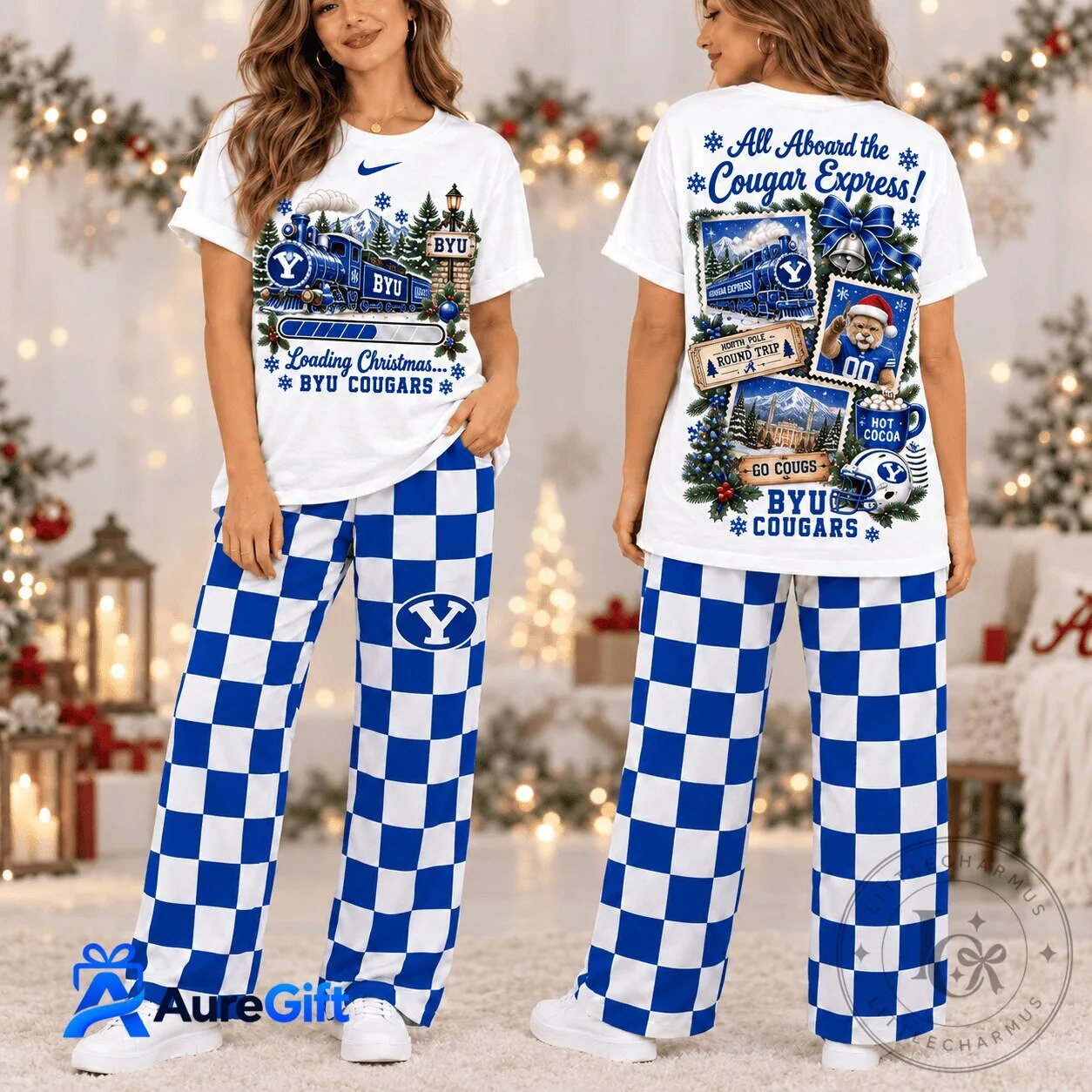 BYU Cougars Christmas Train Pajamas Set, BYU Cougars Holiday Sleepwear