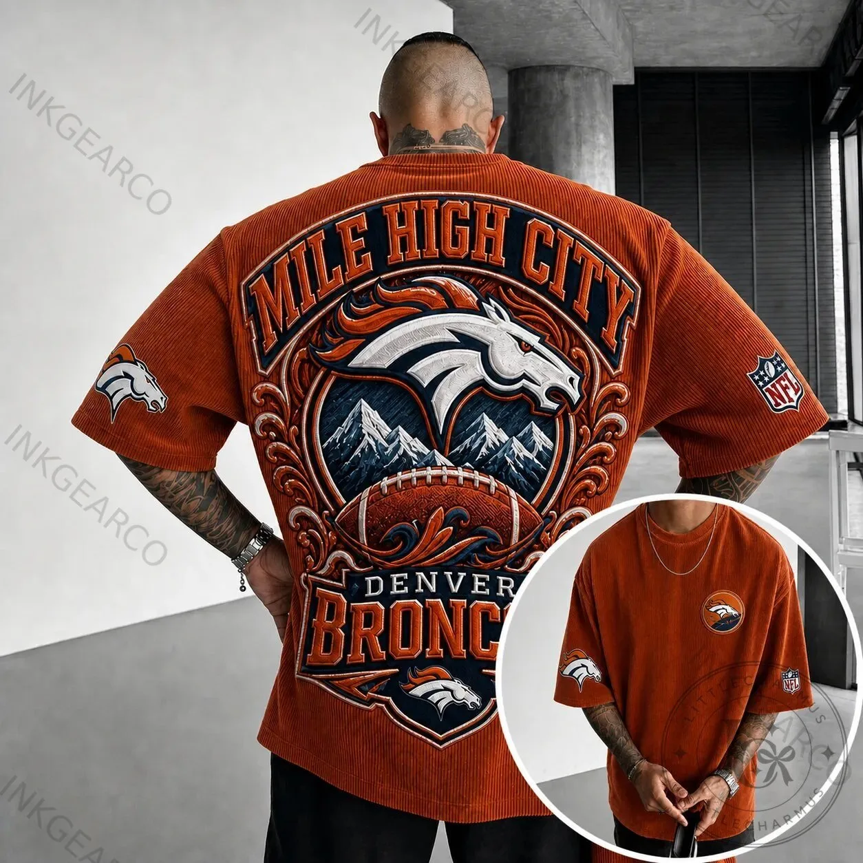 Denver Broncos Mile High City Football Team Fan Corduroy Short Sleeve T-Shirt