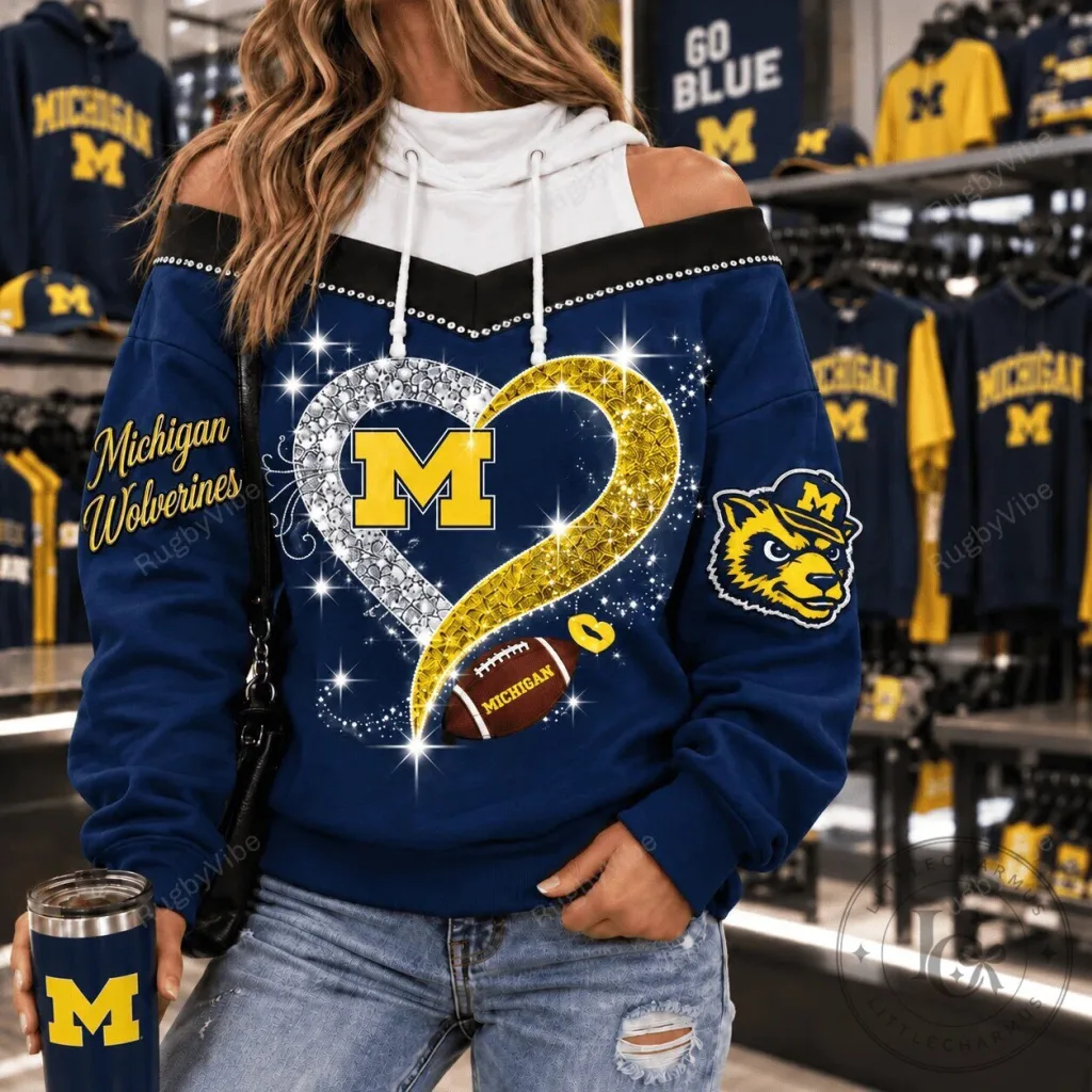 Michigan Wolverines Football Glitter Heart Diamond Pattern Hoodie Michigan Wolverines Football Glitter Heart Diamond Pattern Hoodie