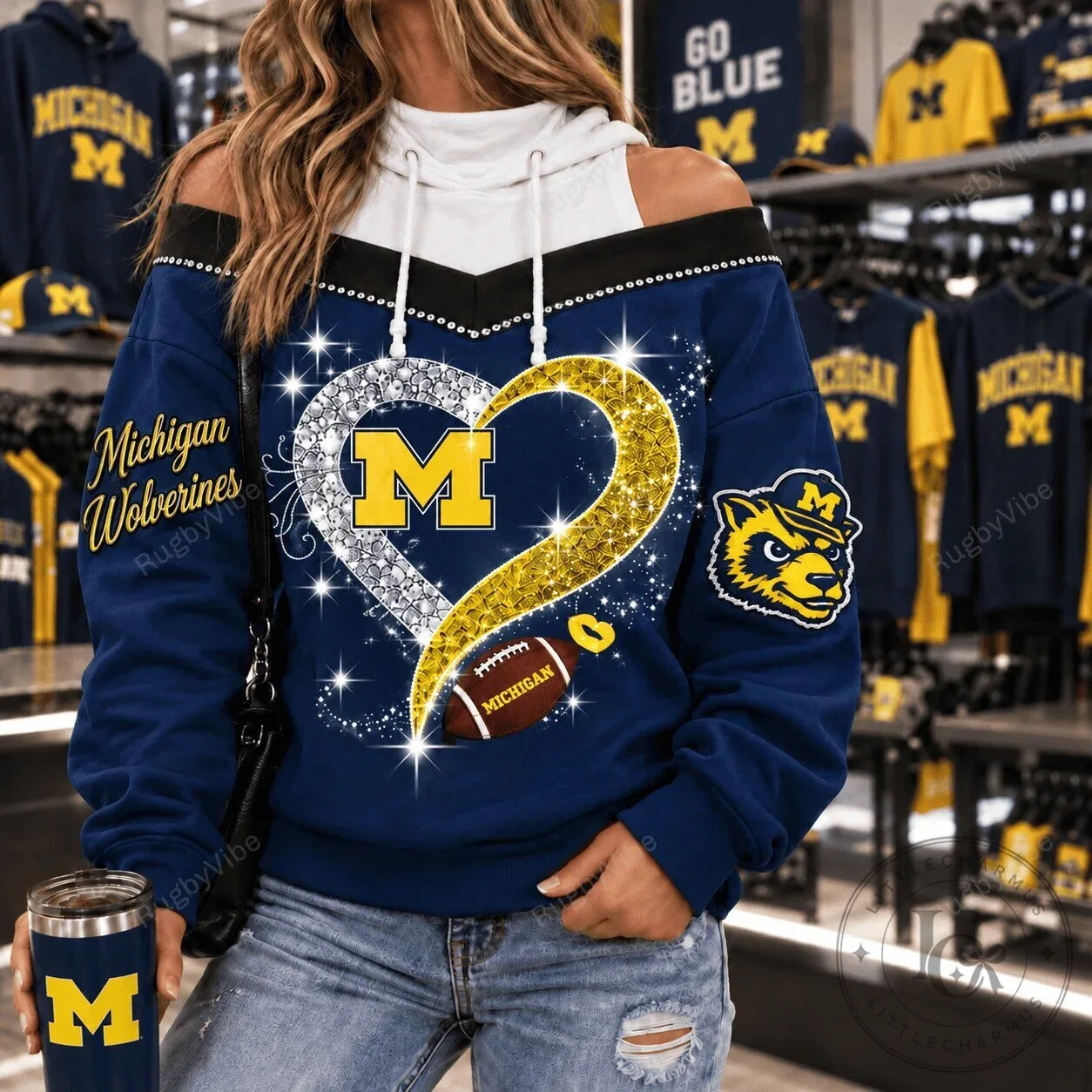 Michigan Wolverines Football Glitter Heart Diamond Pattern Hoodie 1 Michigan Wolverines Football Glitter Heart Diamond Pattern Hoodie