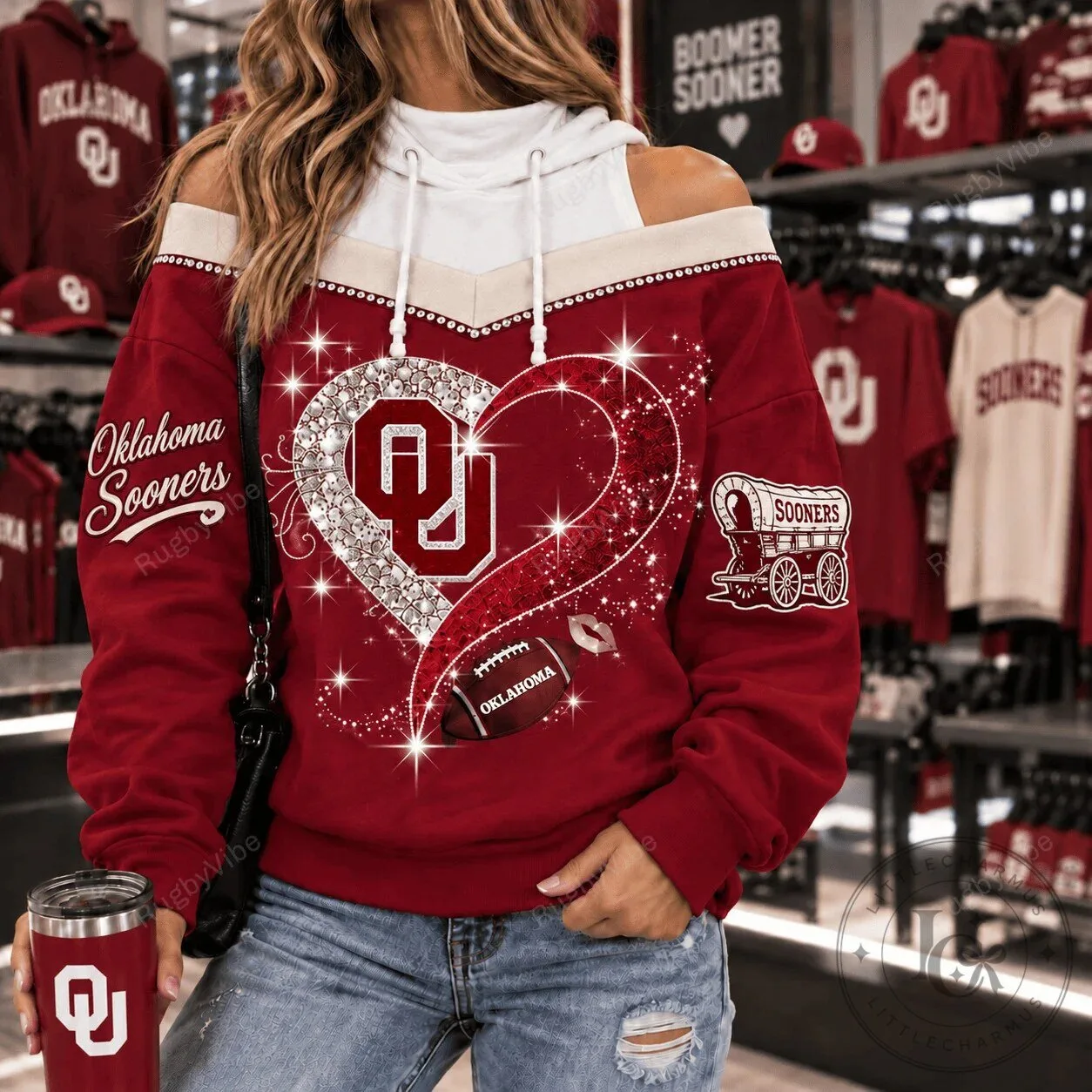 Oklahoma Sooners Women's Sparkle Heart Design Off-Shoulder Sweatshirt 2 Oklahoma Sooners Women's Sparkle Heart Design Off-Shoulder Sweatshirt