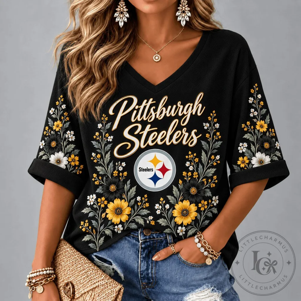 Pittsburgh Steelers Floral Garden V-Neck Short Sleeve T-Shirt for Women Pittsburgh Steelers Floral Garden V-Neck Short Sleeve T-Shirt for Women