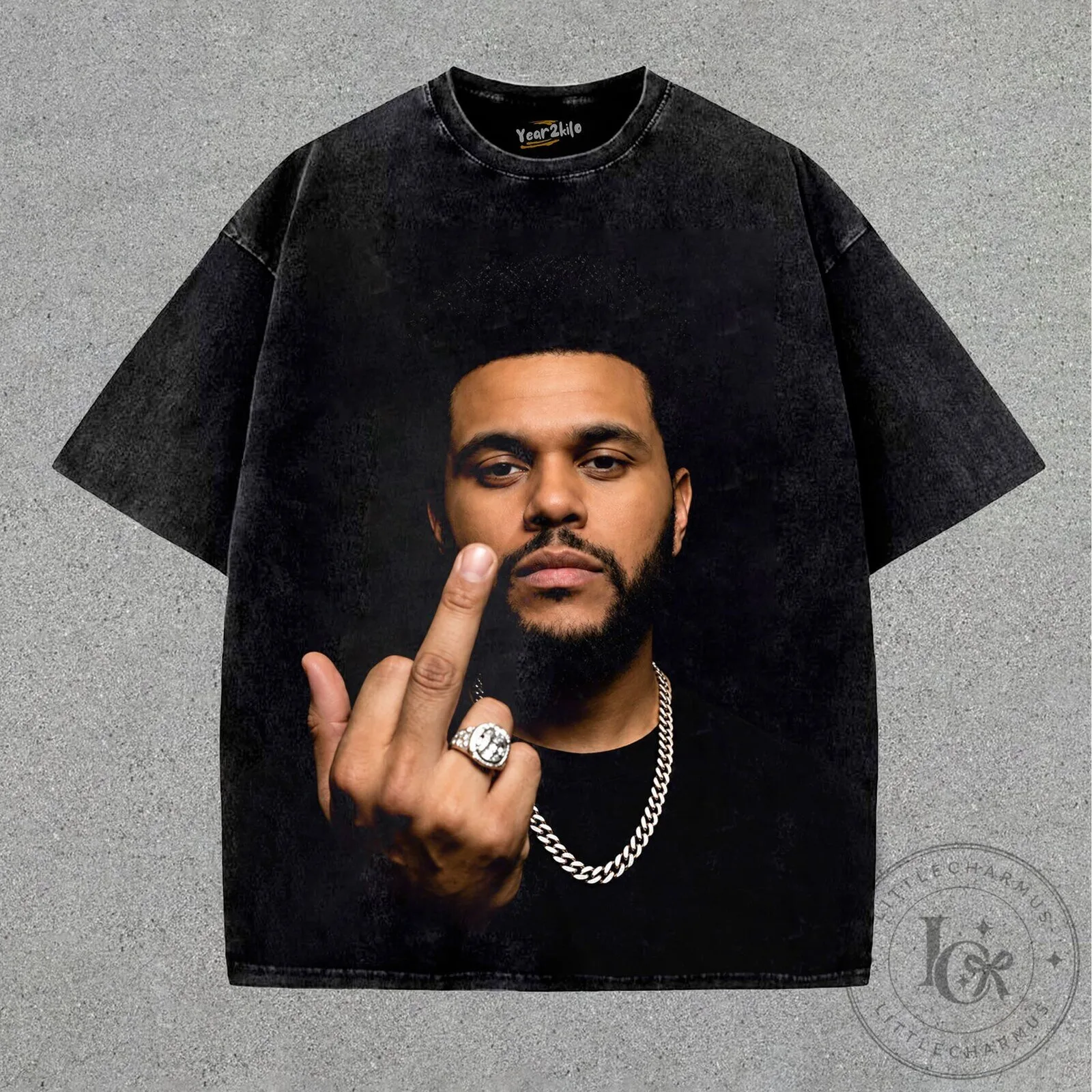 The Weeknd Middle Finger Portrait Black Washed Graphic T-Shirt
