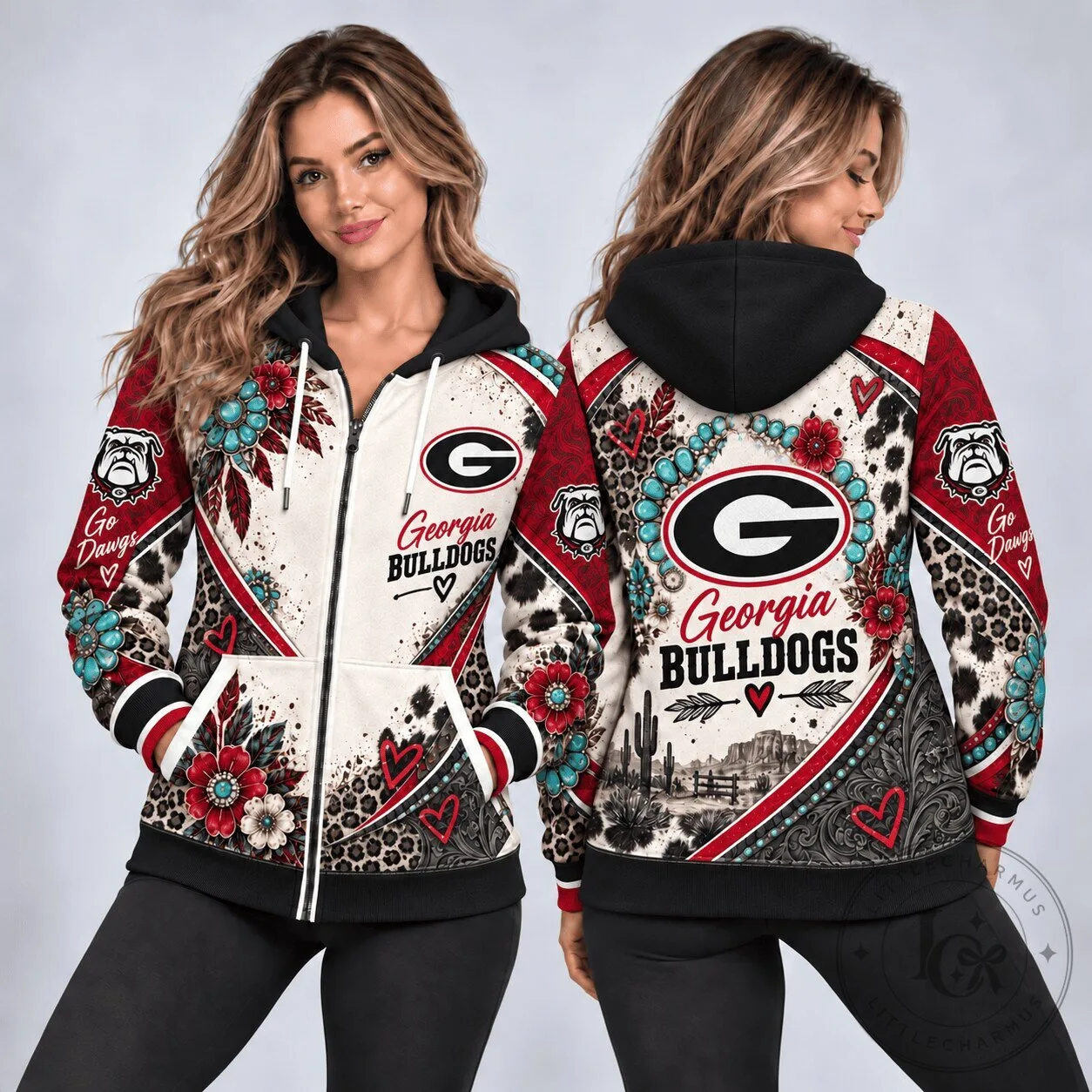 Georgia Bulldogs Western Boho Style Floral Leopard Print Full-Zip Hoodie 5 Georgia Bulldogs Western Boho Style Floral Leopard Print Full-Zip Hoodie
