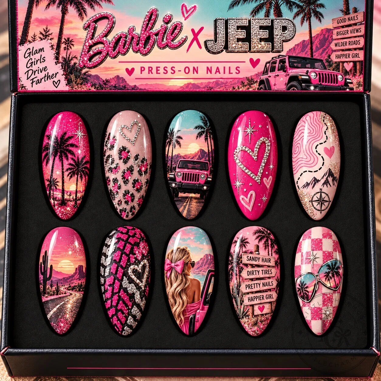 Barbie Jeep Pink Palms and Sunset Adventure Glamour Press-On Nails Set 1 Barbie Jeep Pink Palms and Sunset Adventure Glamour Press-On Nails Set