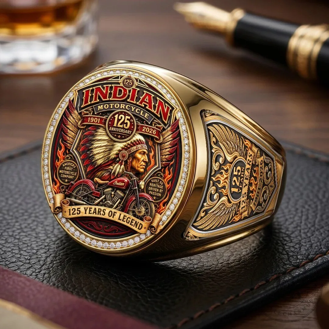 Indian Motorcycle 125th Anniversary Gold Ring with Engraved Chief and Bike