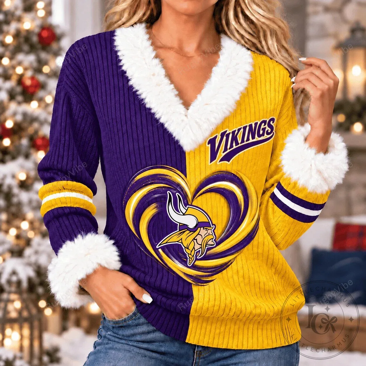 Minnesota Vikings Heart Swirl Christmas Sweater with Faux Fur Trim 1 Minnesota Vikings Heart Swirl Christmas Sweater with Faux Fur Trim