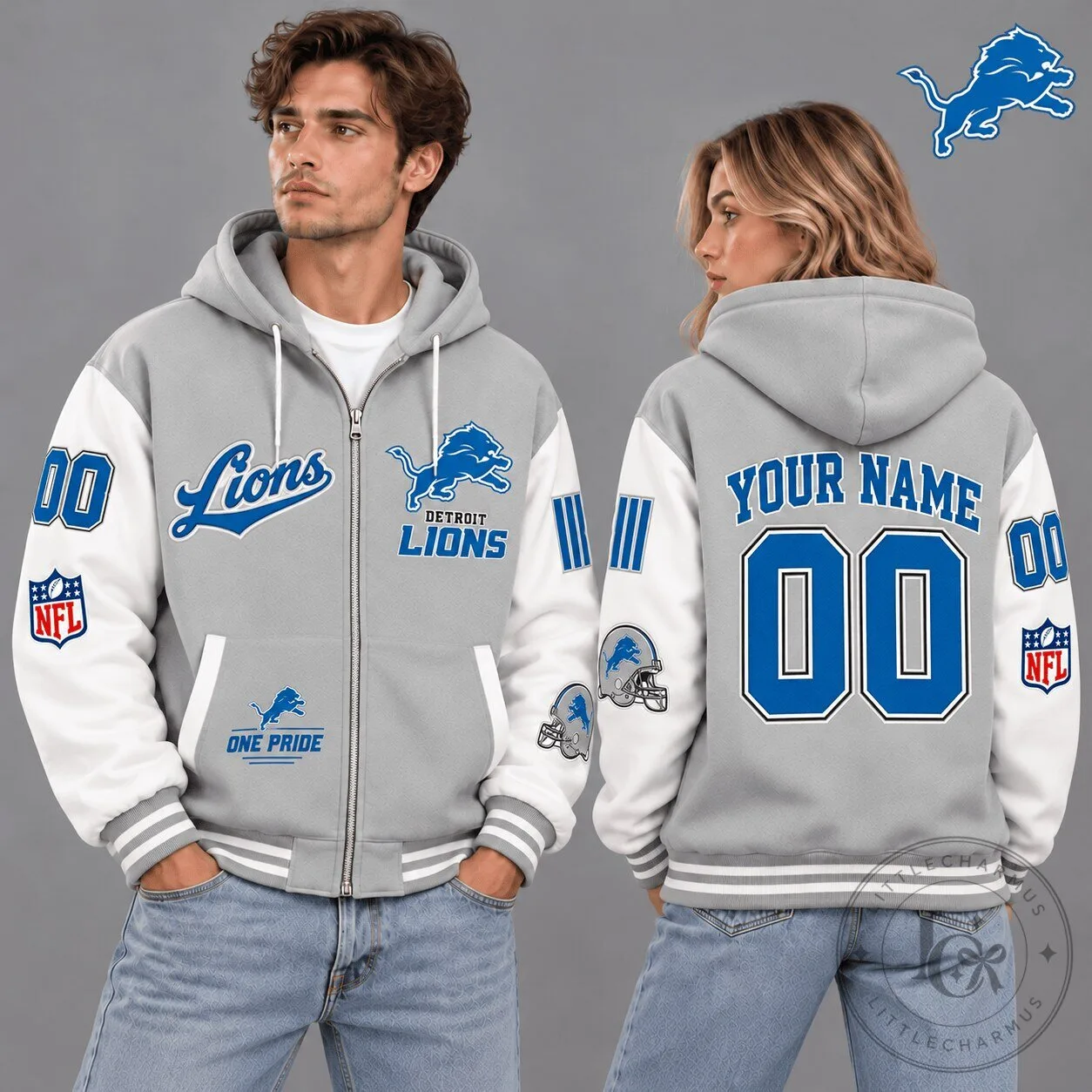 Detroit Lions NFL Vintage Varsity Gray Custom Name Number Full-Zip Hoodie 1 Detroit Lions NFL Vintage Varsity Gray Custom Name Number Full-Zip Hoodie