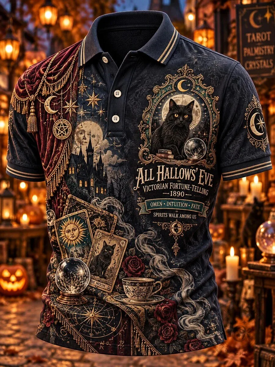 All Hallows Eve Victorian Fortune Telling Black Cat Halloween Polo Shirt