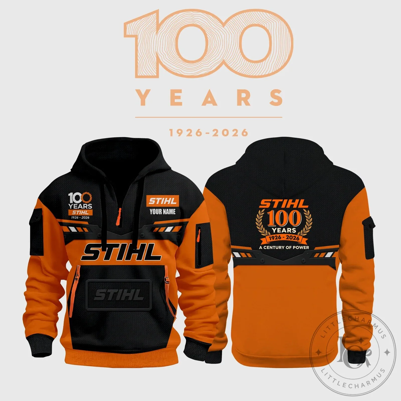Stihl 100 Years Anniversary Black and Orange Pullover Hoodie 5 Stihl 100 Years Anniversary Black and Orange Pullover Hoodie