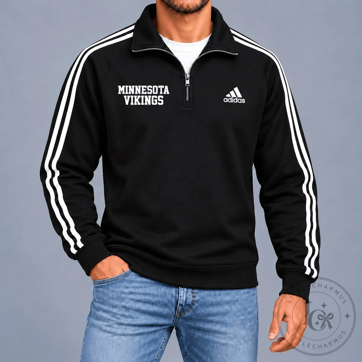 Minnesota Vikings Adidas Classic Black And White Stripe Quarter-Zip Sweatshirt