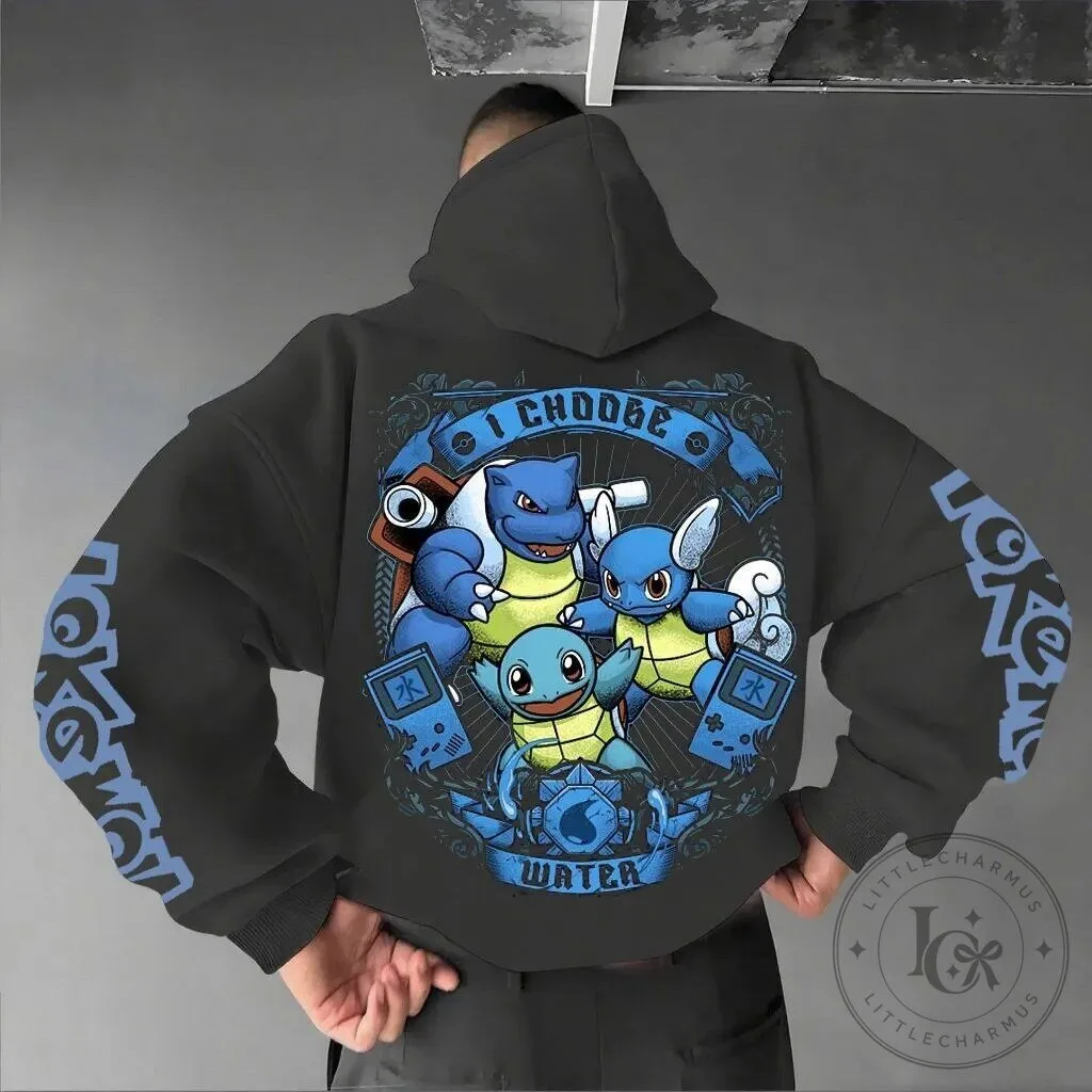 Pokemon Squirtle Evolution I Choose Water Graphic Print Black Hoodie