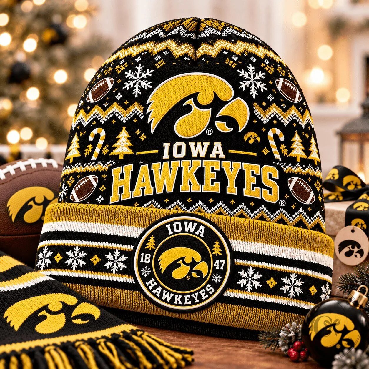 Iowa Hawkeyes Christmas Pattern Winter Beanie Hat 7 Iowa Hawkeyes Christmas Pattern Winter Beanie Hat