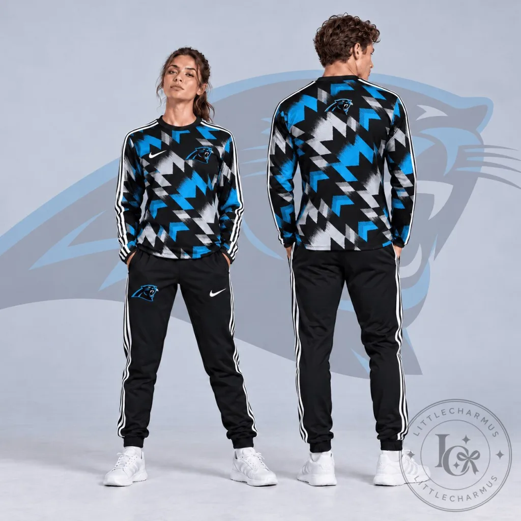 Carolina Panthers NFL Abstract Zigzag Camo Long Sleeve Shirt and Jogger Pants Set Carolina Panthers NFL Abstract Zigzag Camo Long Sleeve Shirt and Jogger Pants Set