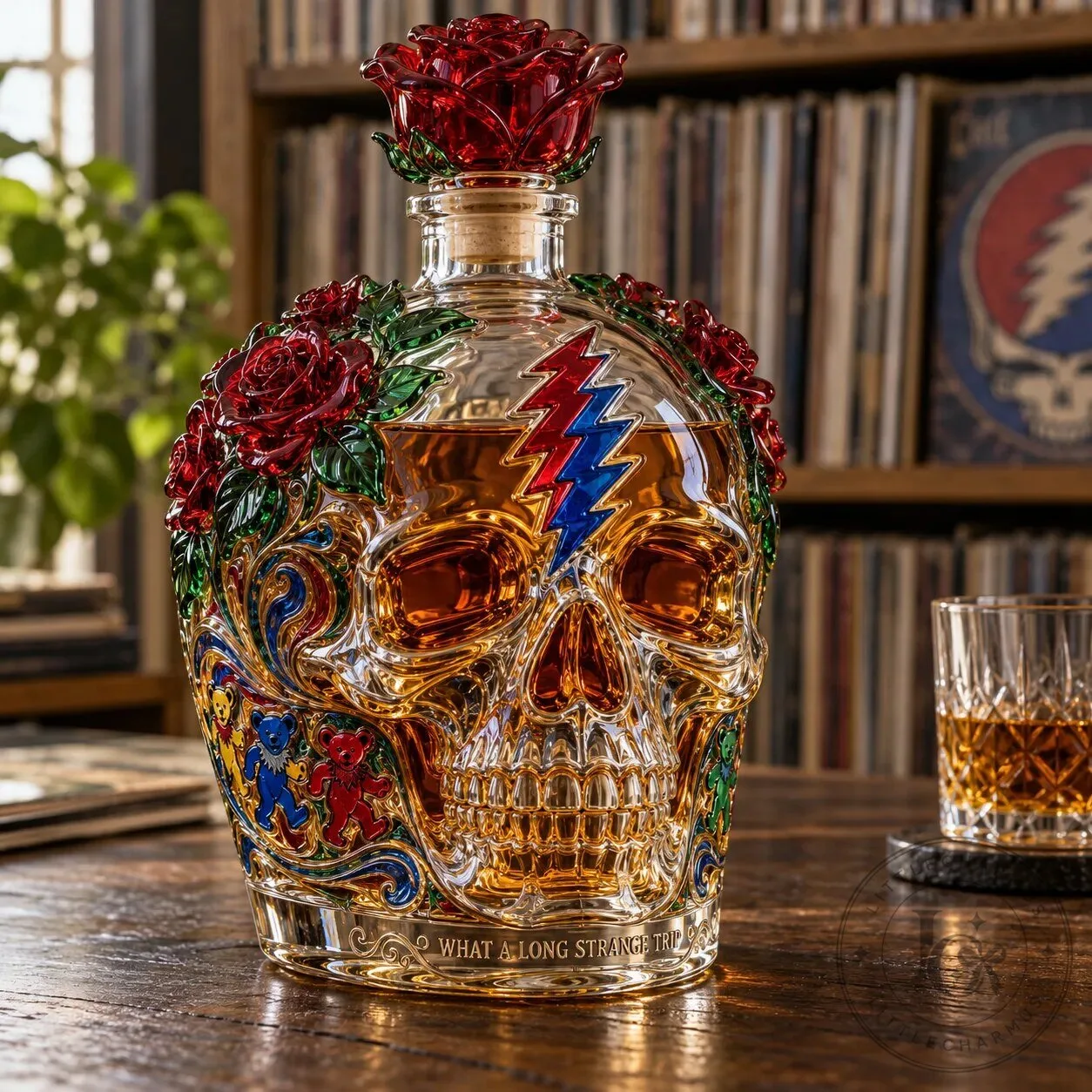 Grateful Dead Skull and Roses Whiskey Decanter with Steal Your Face Lightning Bolt