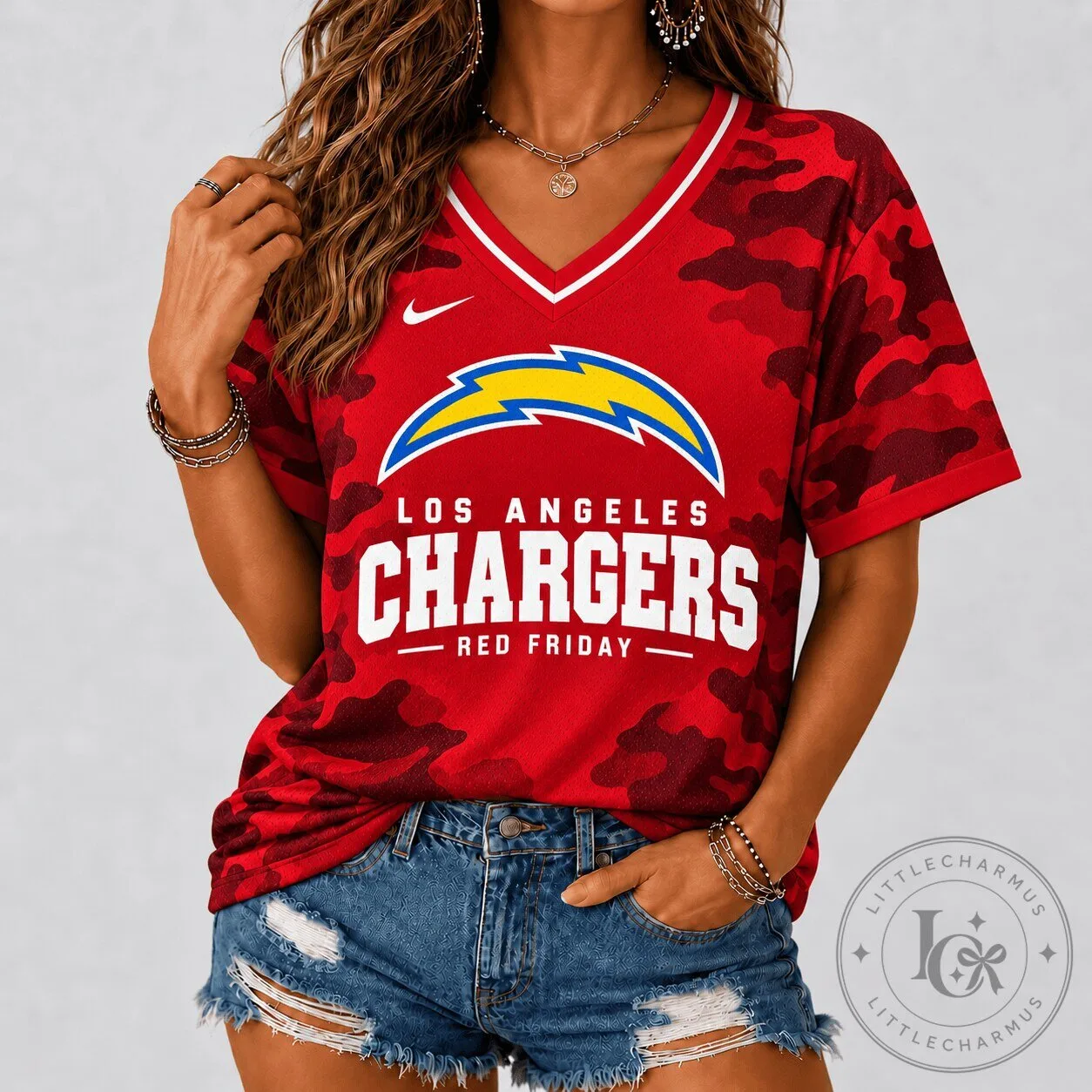 Los Angeles Chargers Red Friday Camouflage V-Neck Football Jersey for Women 2 Los Angeles Chargers Red Friday Camouflage V-Neck Football Jersey for Women