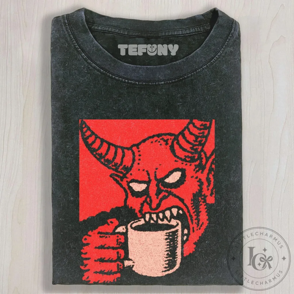 Dark Gothic Devil Drinking Coffee Graphic Washed Black T-Shirt Dark Gothic Devil Drinking Coffee Graphic Washed Black T-Shirt