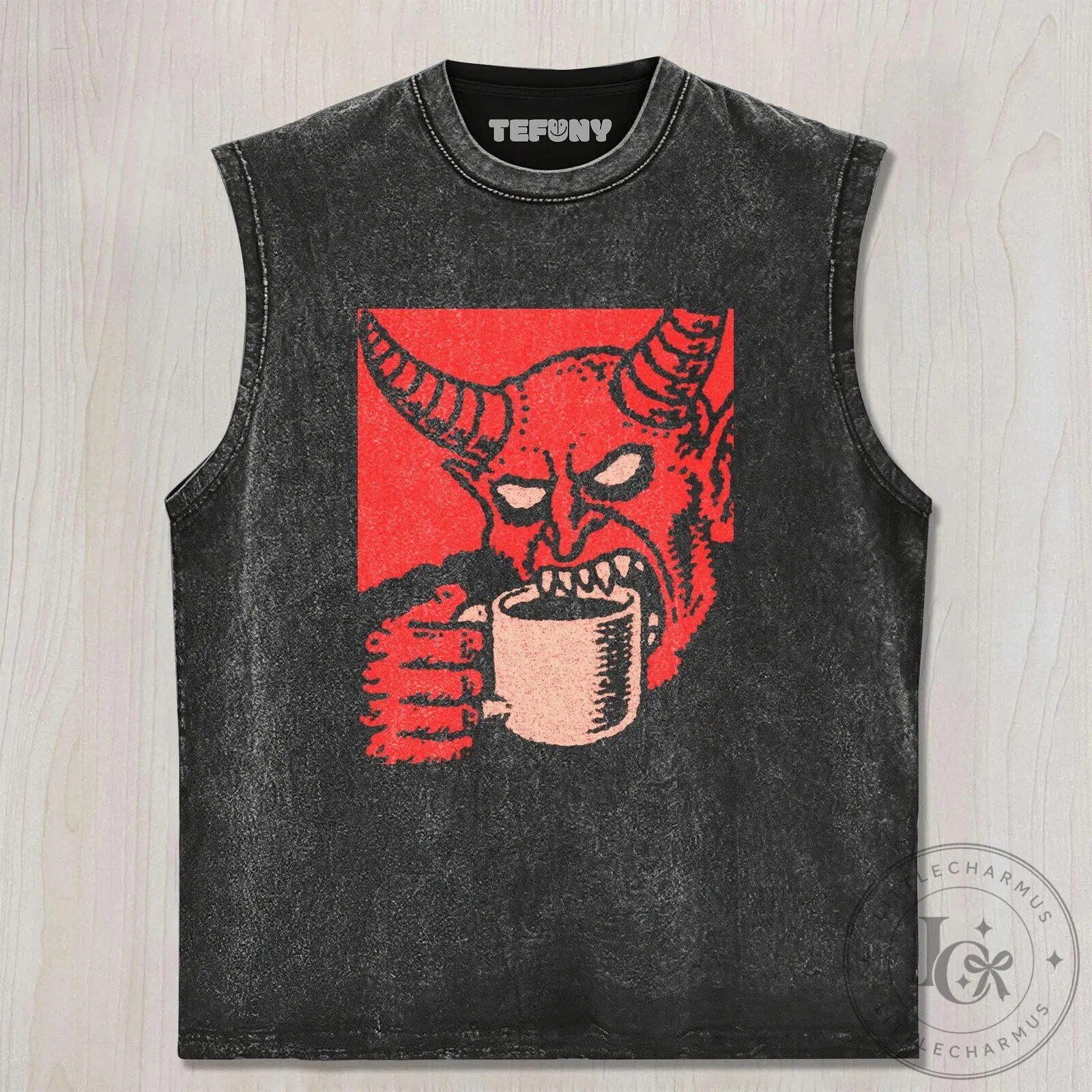 Dark Gothic Devil Drinking Coffee Graphic Washed Black T-Shirt 10 Dark Gothic Devil Drinking Coffee Graphic Washed Black T-Shirt