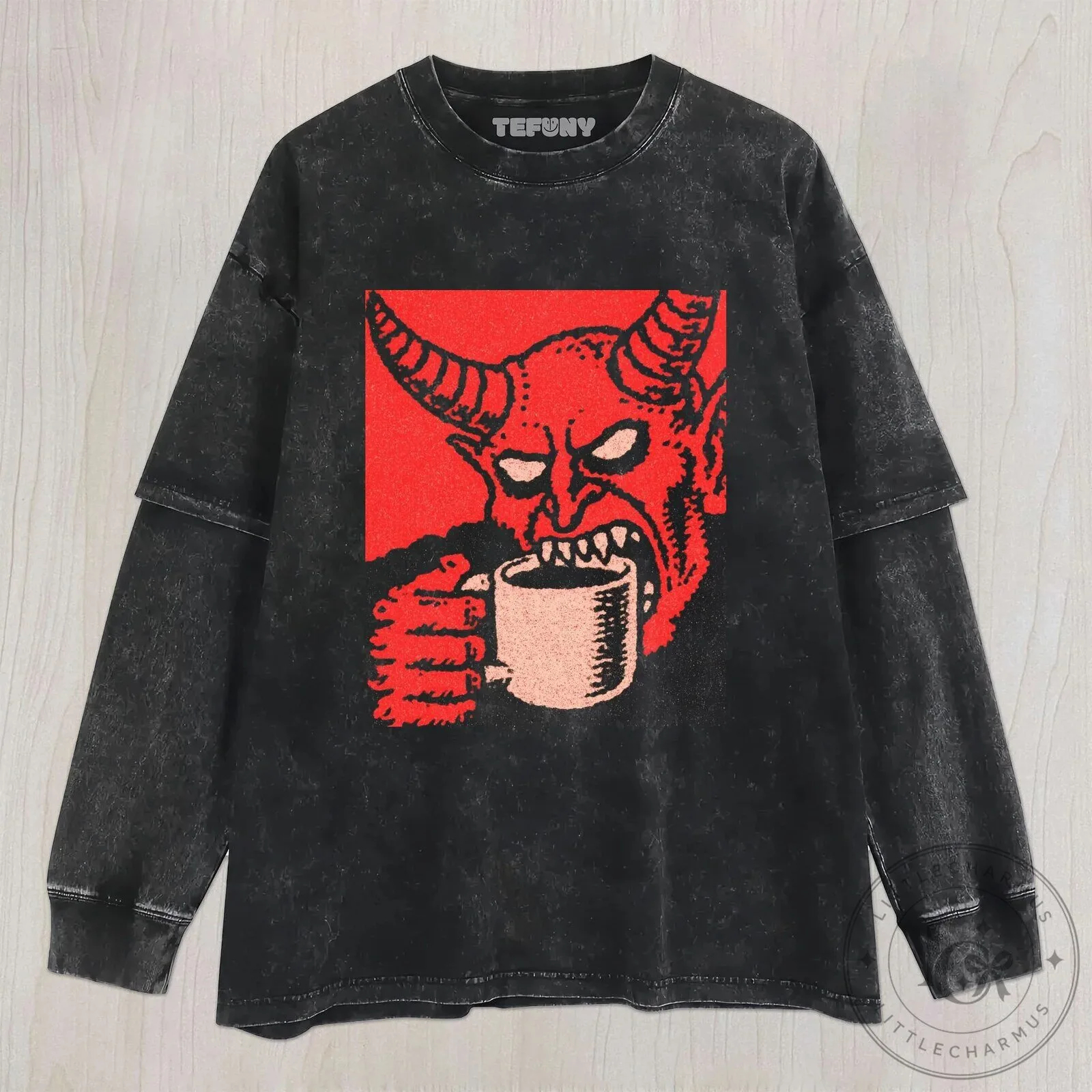 Dark Gothic Devil Drinking Coffee Graphic Washed Black T-Shirt 11 Dark Gothic Devil Drinking Coffee Graphic Washed Black T-Shirt