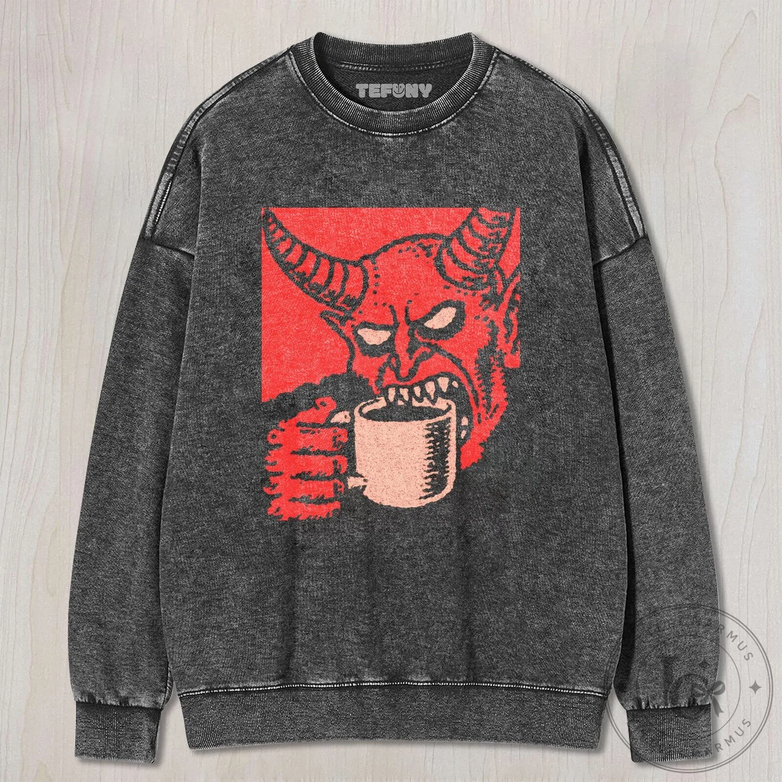 Dark Gothic Devil Drinking Coffee Graphic Washed Black T-Shirt 12 Dark Gothic Devil Drinking Coffee Graphic Washed Black T-Shirt