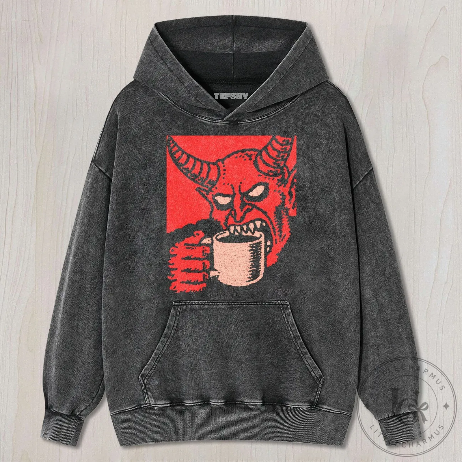 Dark Gothic Devil Drinking Coffee Graphic Washed Black T-Shirt 13 Dark Gothic Devil Drinking Coffee Graphic Washed Black T-Shirt
