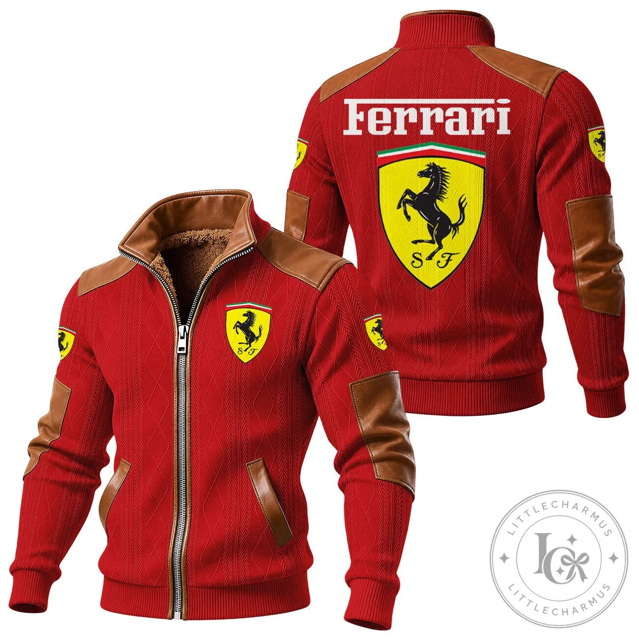 Ferrari Racing Team Red Diamond Pattern Leather Sleeve Jacket