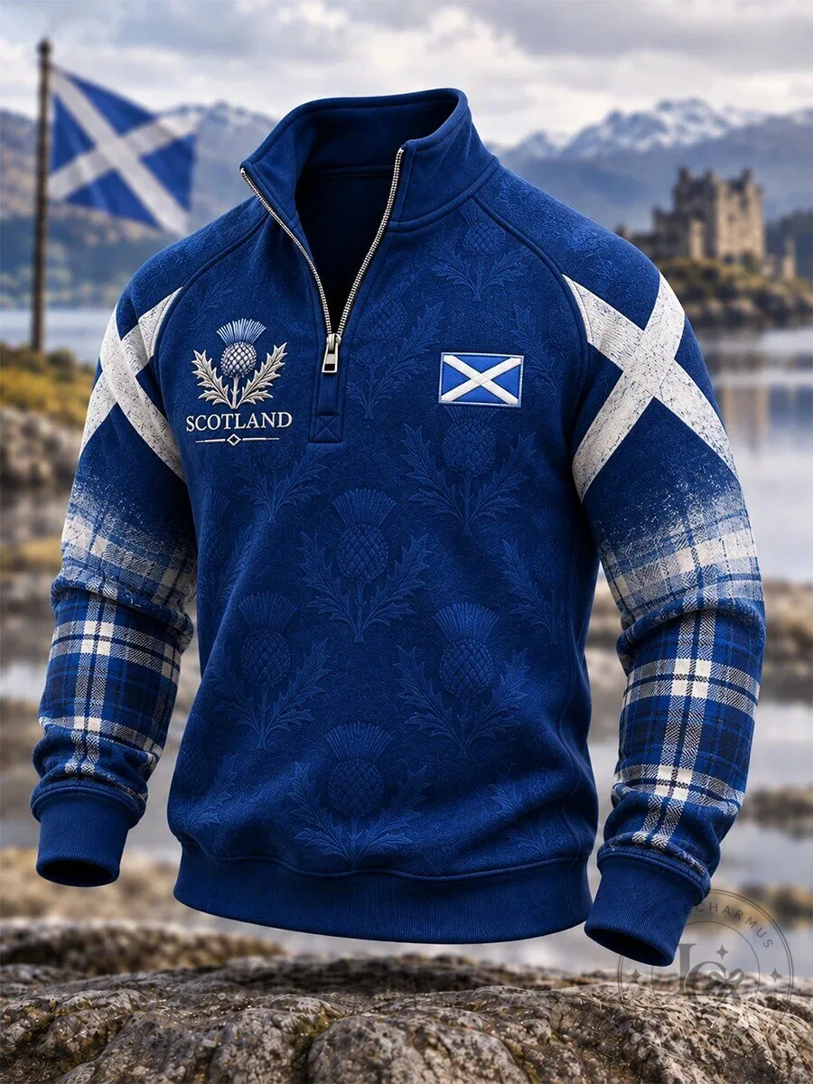 Scotland Thistle and Plaid Pattern Quarter-Zip Pullover Sweatshirt