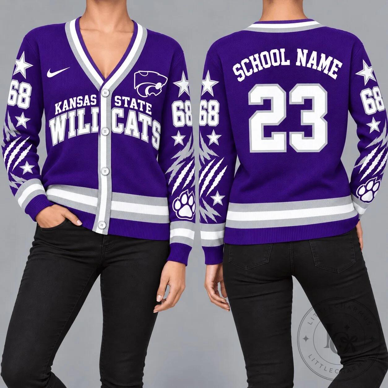 Kansas State Wildcats NCAA Purple Retro Star Sleeve Cardigan 1 Kansas State Wildcats NCAA Purple Retro Star Sleeve Cardigan
