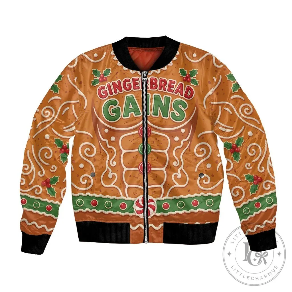 Funny Christmas Gingerbread Man Bodybuilder Gingerbread Gains Bomber Jacket