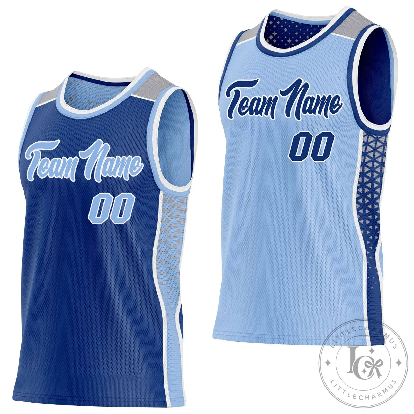 Custom Royal Blue Light Blue White Gray Reversible Basketball Jersey