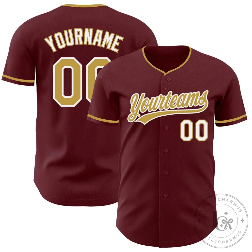 Custom Burgundy Gold White Authentic Baseball Jersey with Your Name and Number Custom Burgundy Gold White Authentic Baseball Jersey with Your Name and Number