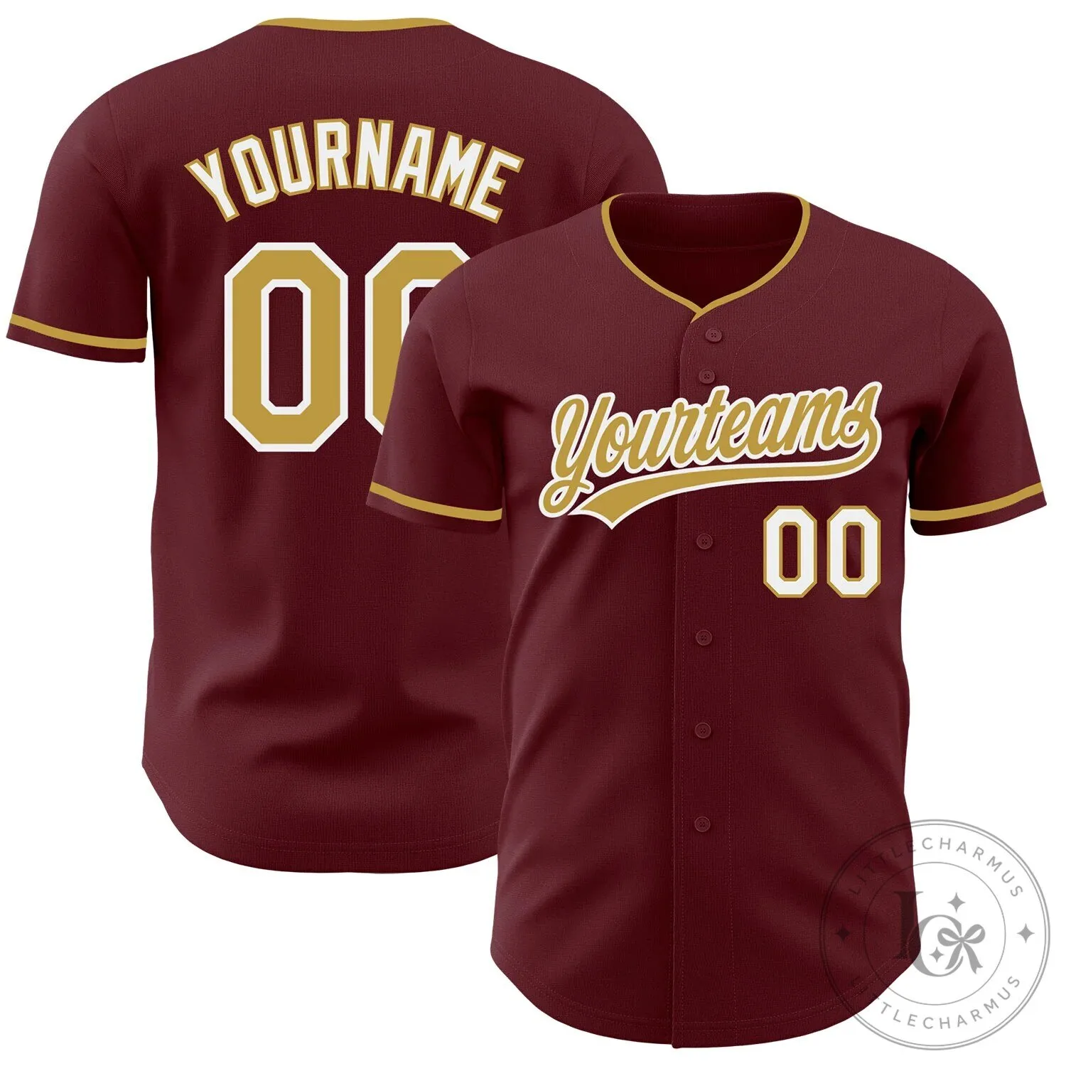Custom Burgundy Gold White Authentic Baseball Jersey with Your Name and Number 1 Custom Burgundy Gold White Authentic Baseball Jersey with Your Name and Number