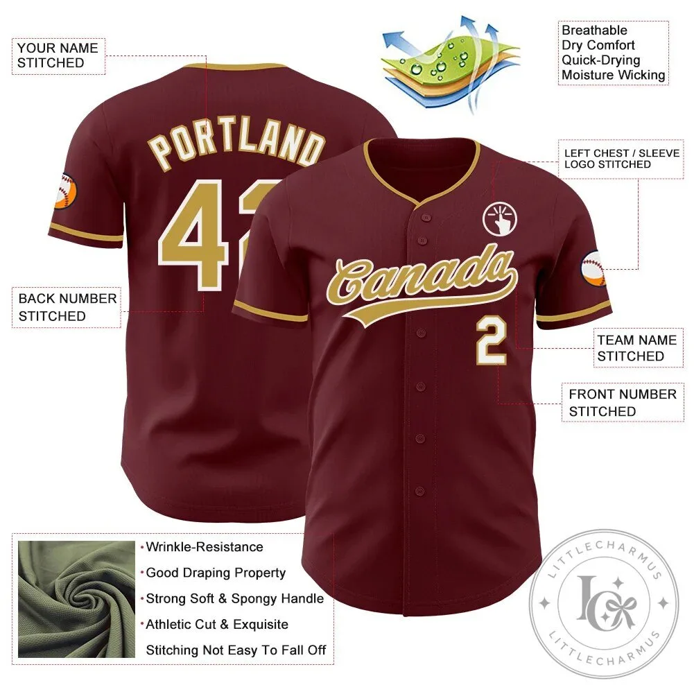 Custom Burgundy Gold White Authentic Baseball Jersey with Your Name and Number 11 Custom Burgundy Gold White Authentic Baseball Jersey with Your Name and Number