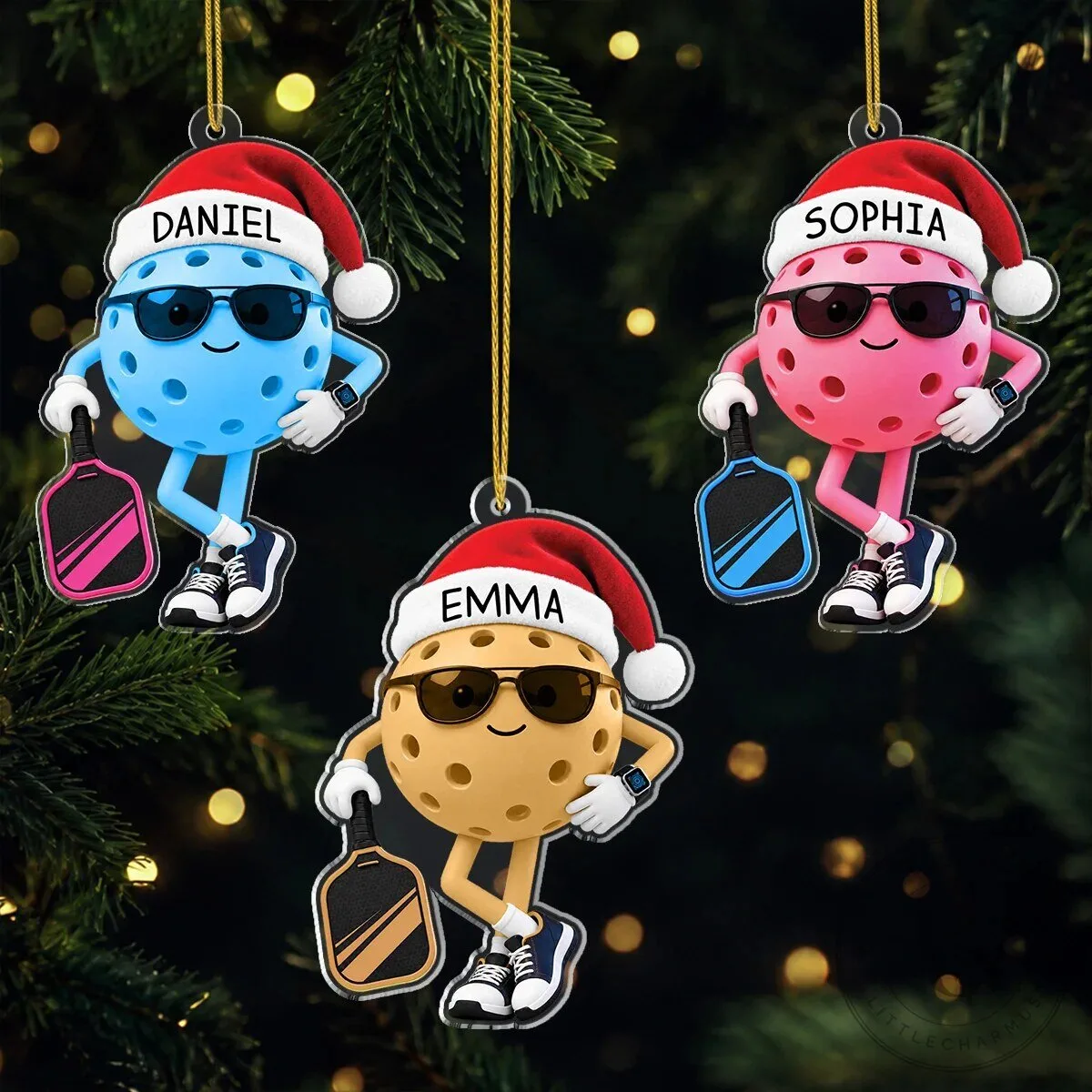 Personalized Pickleball Christmas Ornament with Santa Hat and Sunglasses