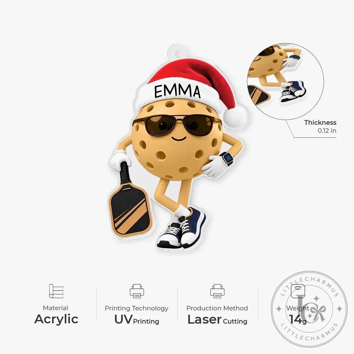 Personalized Pickleball Christmas Ornament with Santa Hat and Sunglasses 12 Personalized Pickleball Christmas Ornament with Santa Hat and Sunglasses