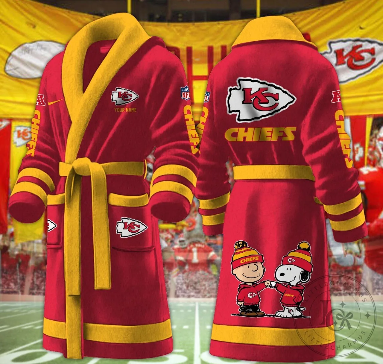 Kansas City Chiefs Snoopy and Charlie Brown Fleece Bathrobe 1 Kansas City Chiefs Snoopy and Charlie Brown Fleece Bathrobe