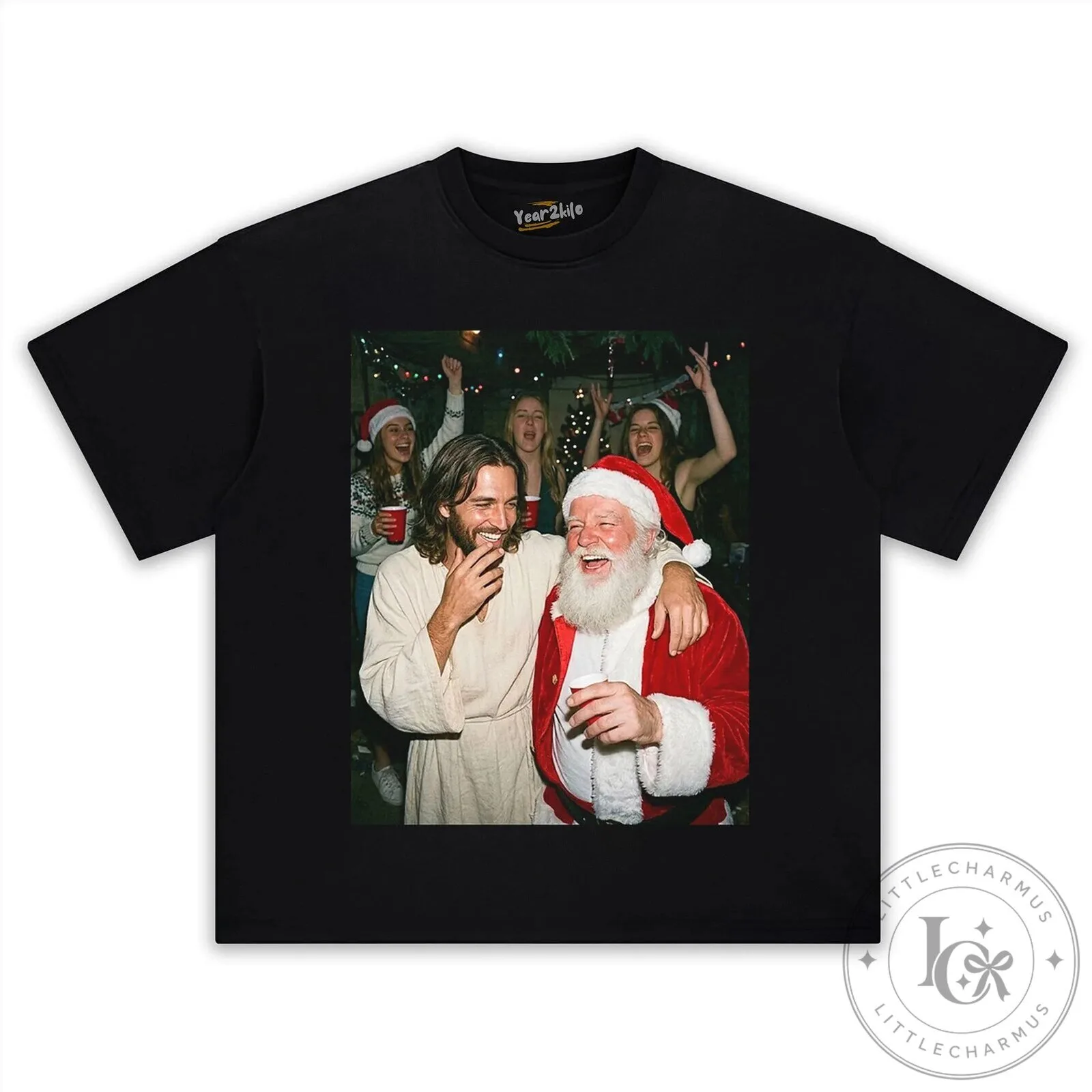Jesus and Santa Claus Christmas Party Funny Holiday Black T-Shirt 1 Jesus and Santa Claus Christmas Party Funny Holiday Black T-Shirt