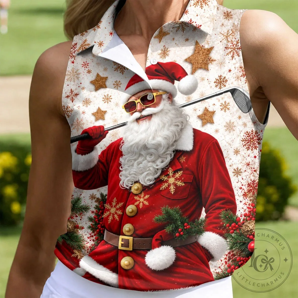 Christmas Santa Claus Golfing Snowflake Holiday Women's Sleeveless Polo Shirt 1 Christmas Santa Claus Golfing Snowflake Holiday Women's Sleeveless Polo Shirt