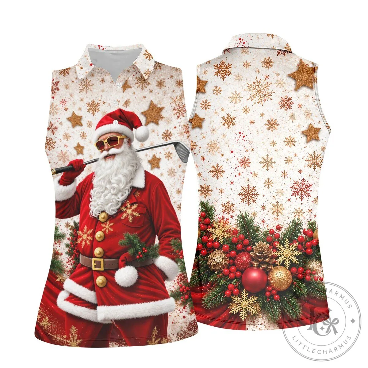 Christmas Santa Claus Golfing Snowflake Holiday Women's Sleeveless Polo Shirt 21 Christmas Santa Claus Golfing Snowflake Holiday Women