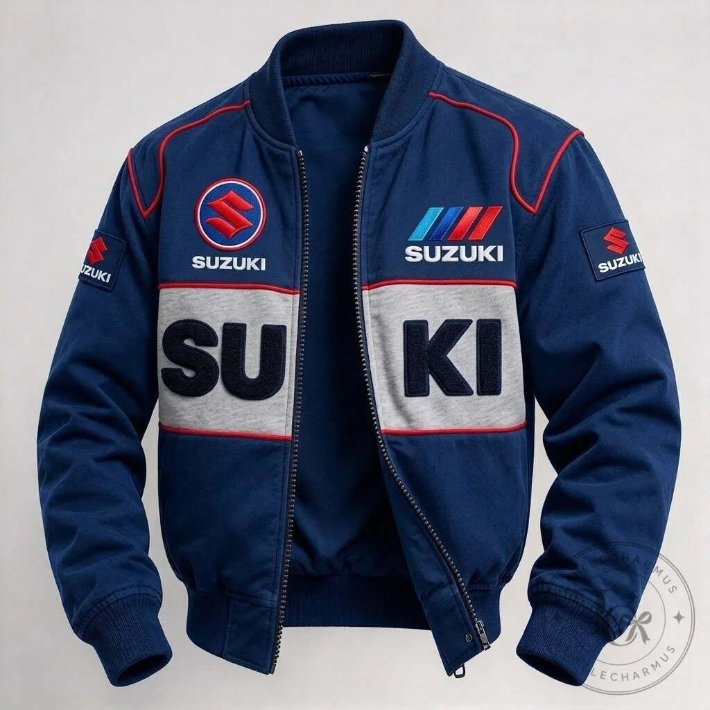 Suzuki Racing Team Blue Colorblock Bomber Jacket with Embroidered Patches
